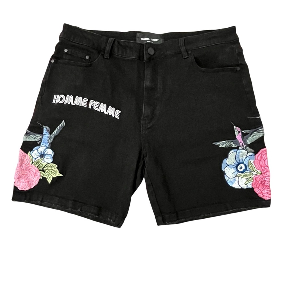 Homme + Femme Embroidered Black Denim Shorts Hummingbird Floral Streetwear 36